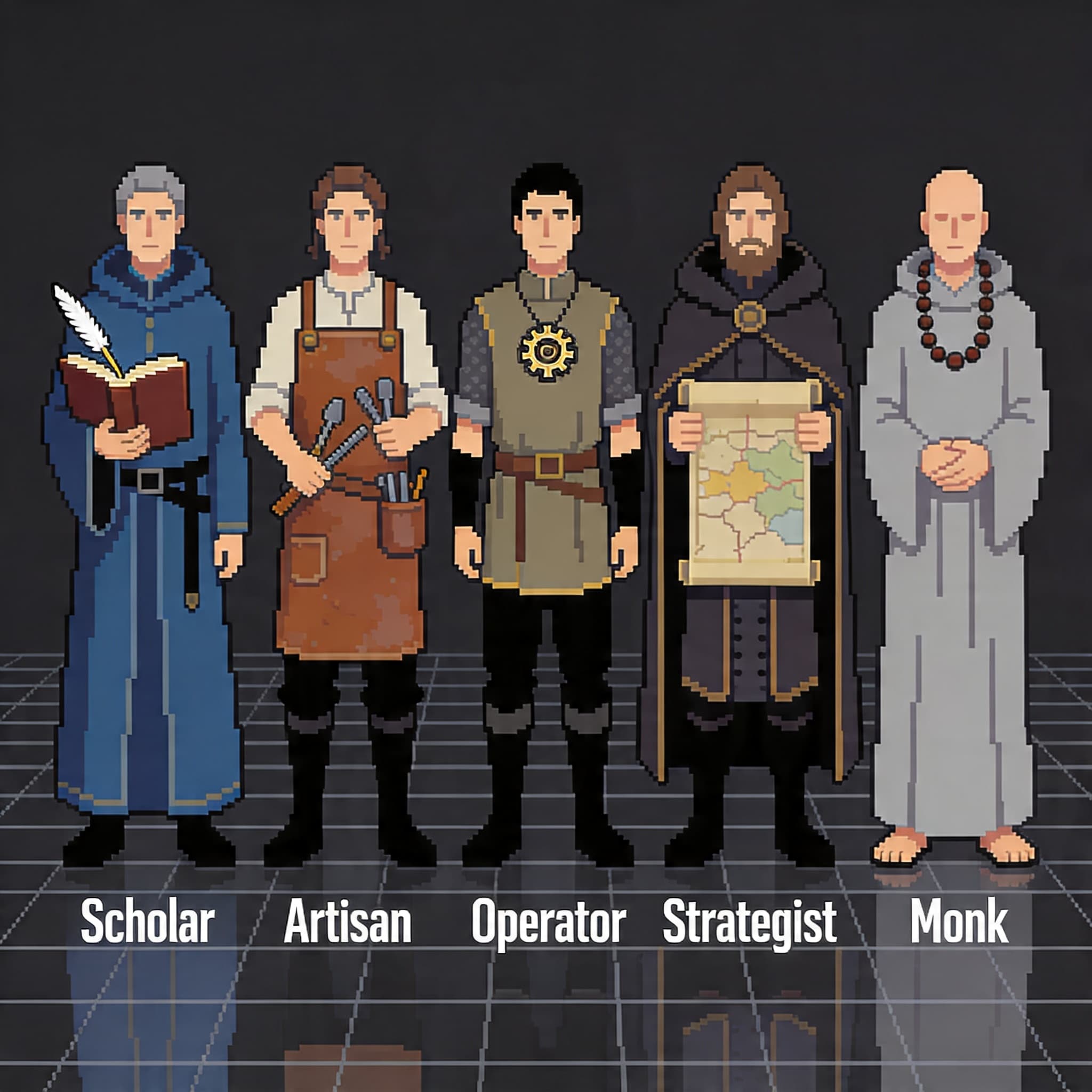 FlowQuest character class pixel art sheet