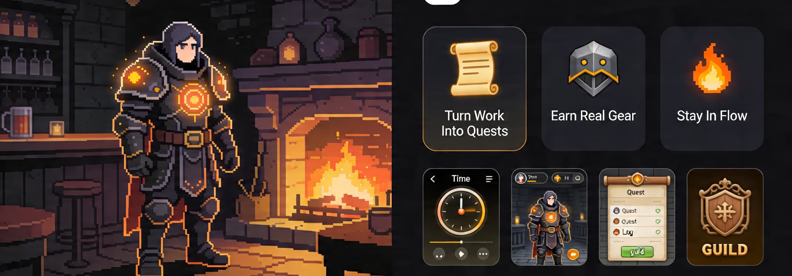 FlowQuest fantasy productivity banner showing a party and progress interface