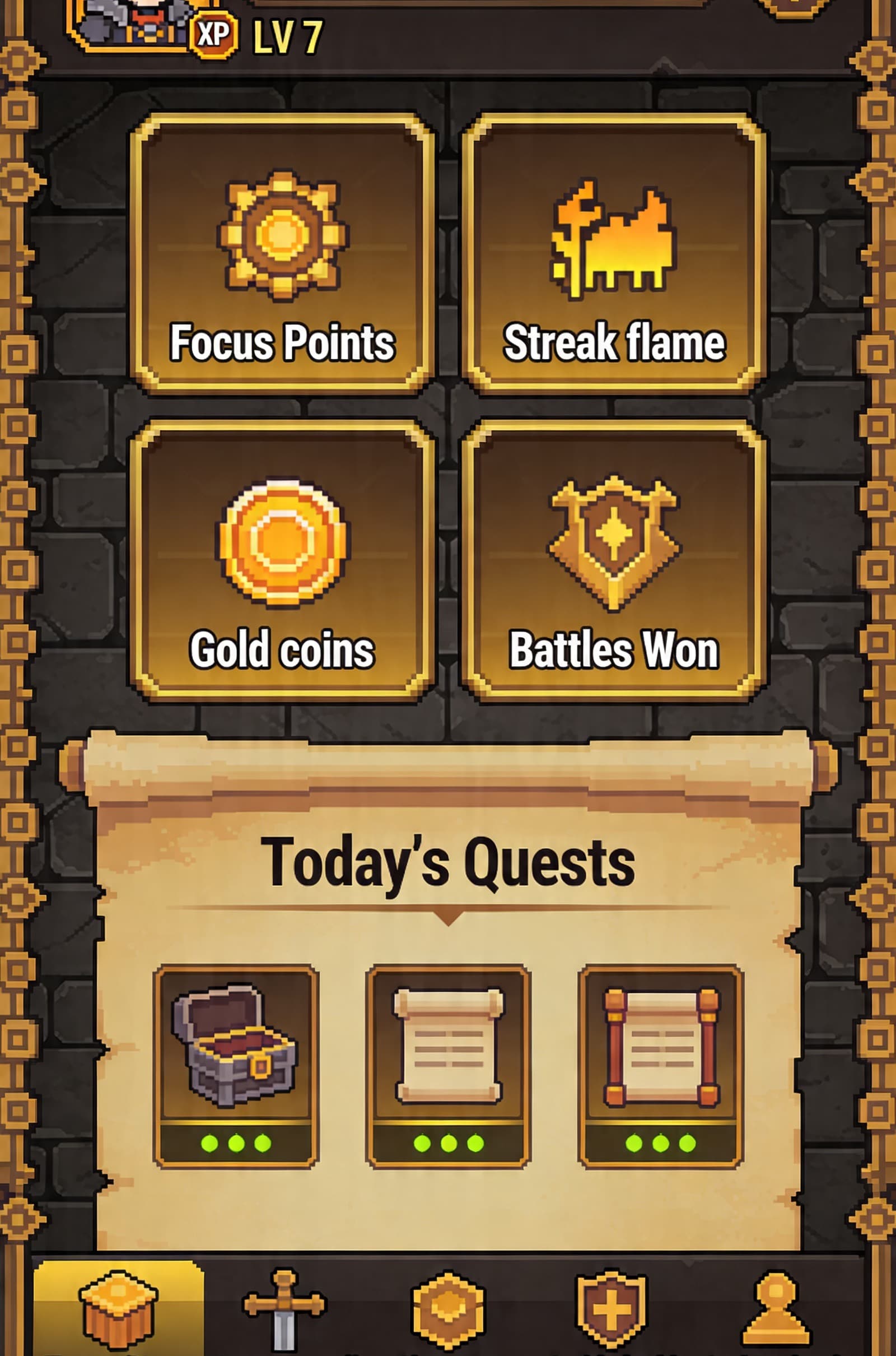 FlowQuest mobile dashboard with quest and character progress