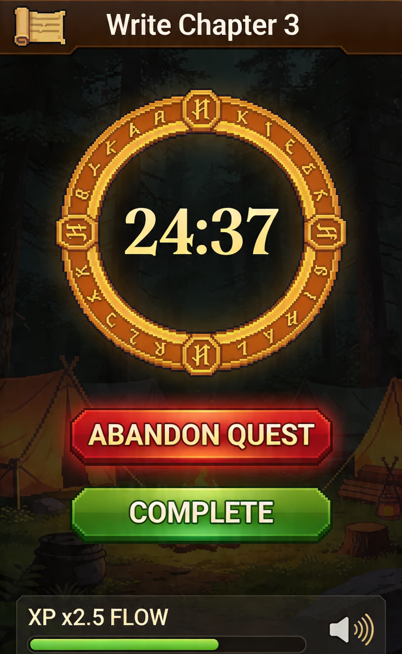 FlowQuest focus timer screen with session controls
