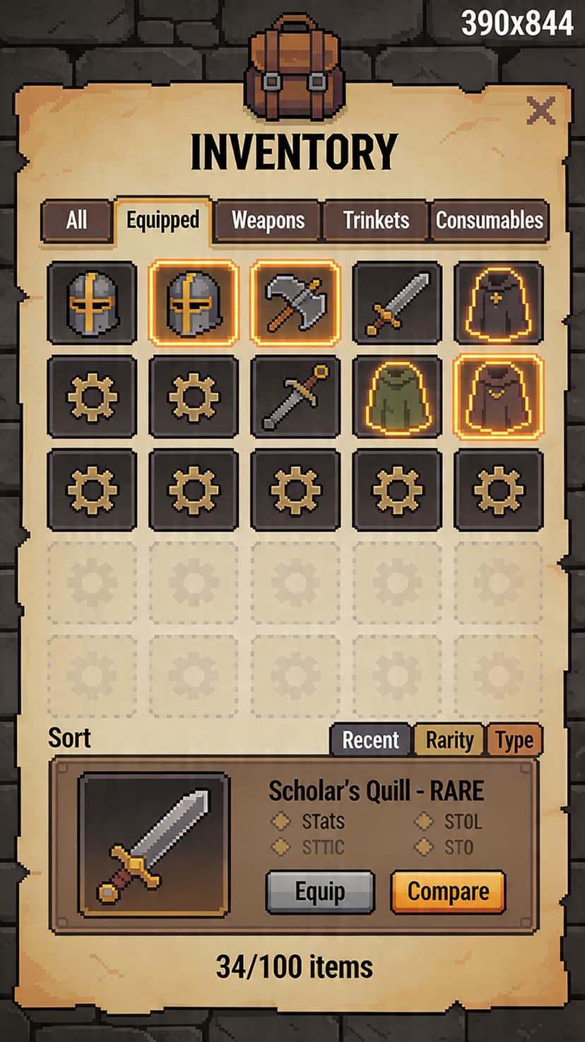 FlowQuest inventory screen showing earned items