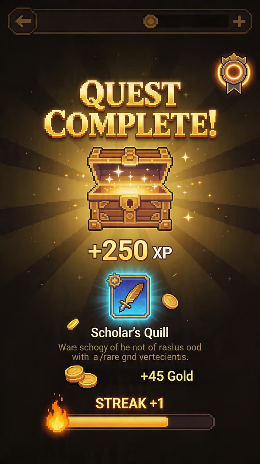 FlowQuest quest completion screen with earned rewards