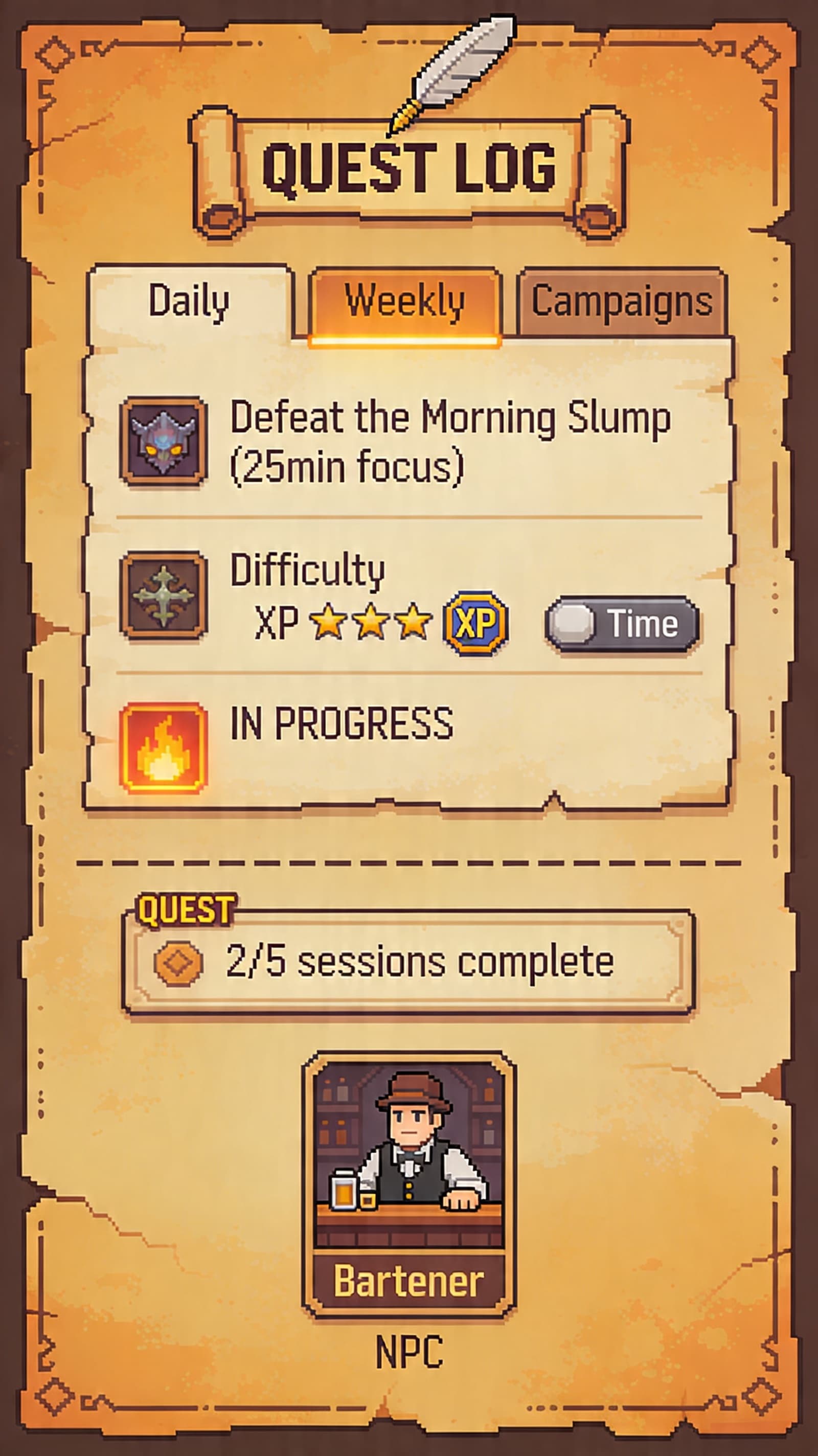 FlowQuest quest log screen showing progress history