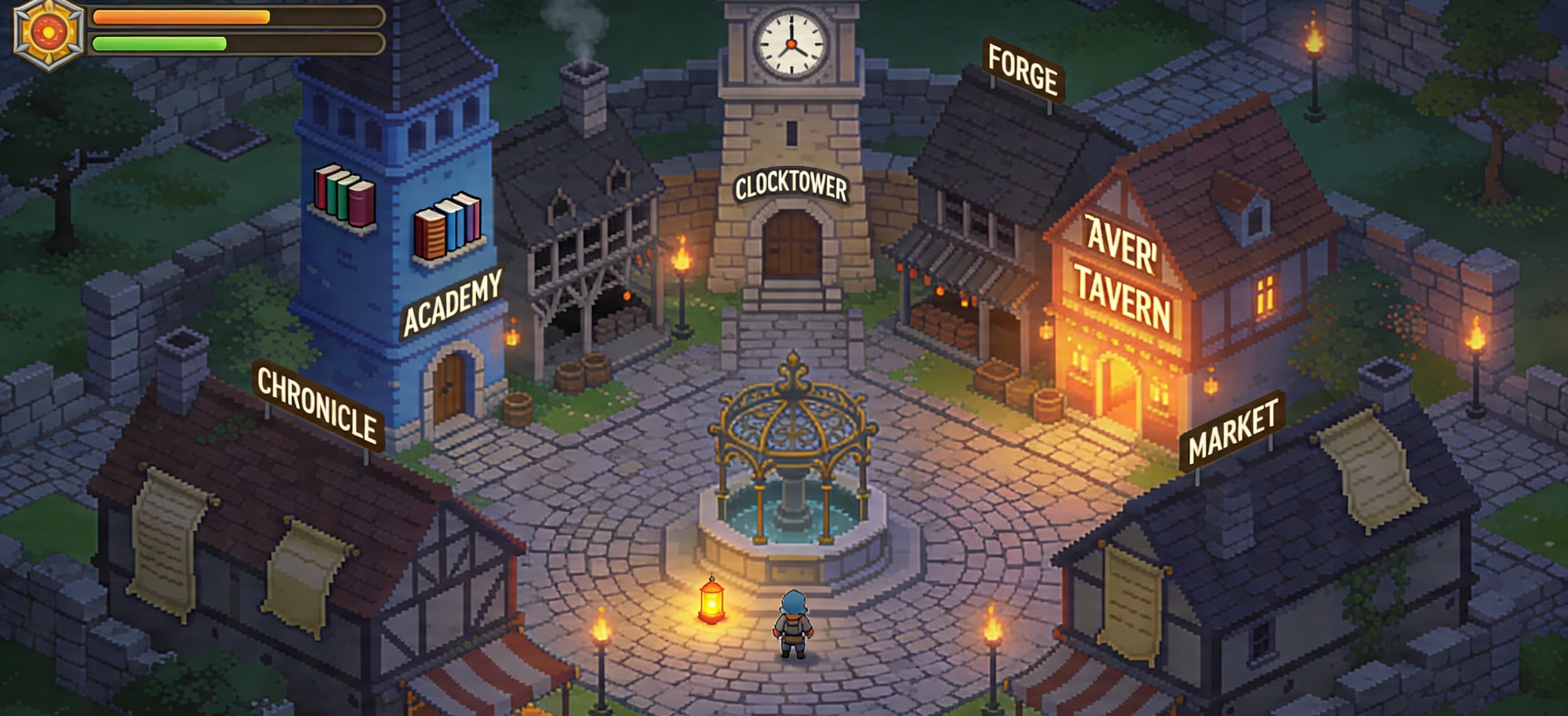 FlowQuest town square screen showing the fantasy productivity hub