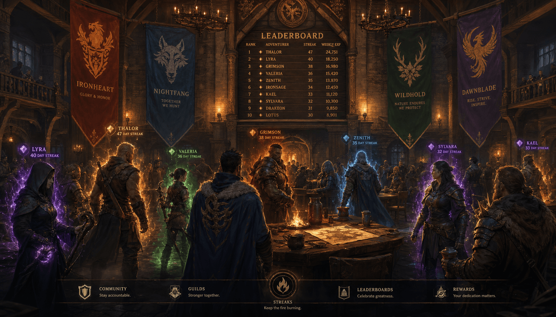 Grand tavern hall with adventurers competing on leaderboards and forming guilds