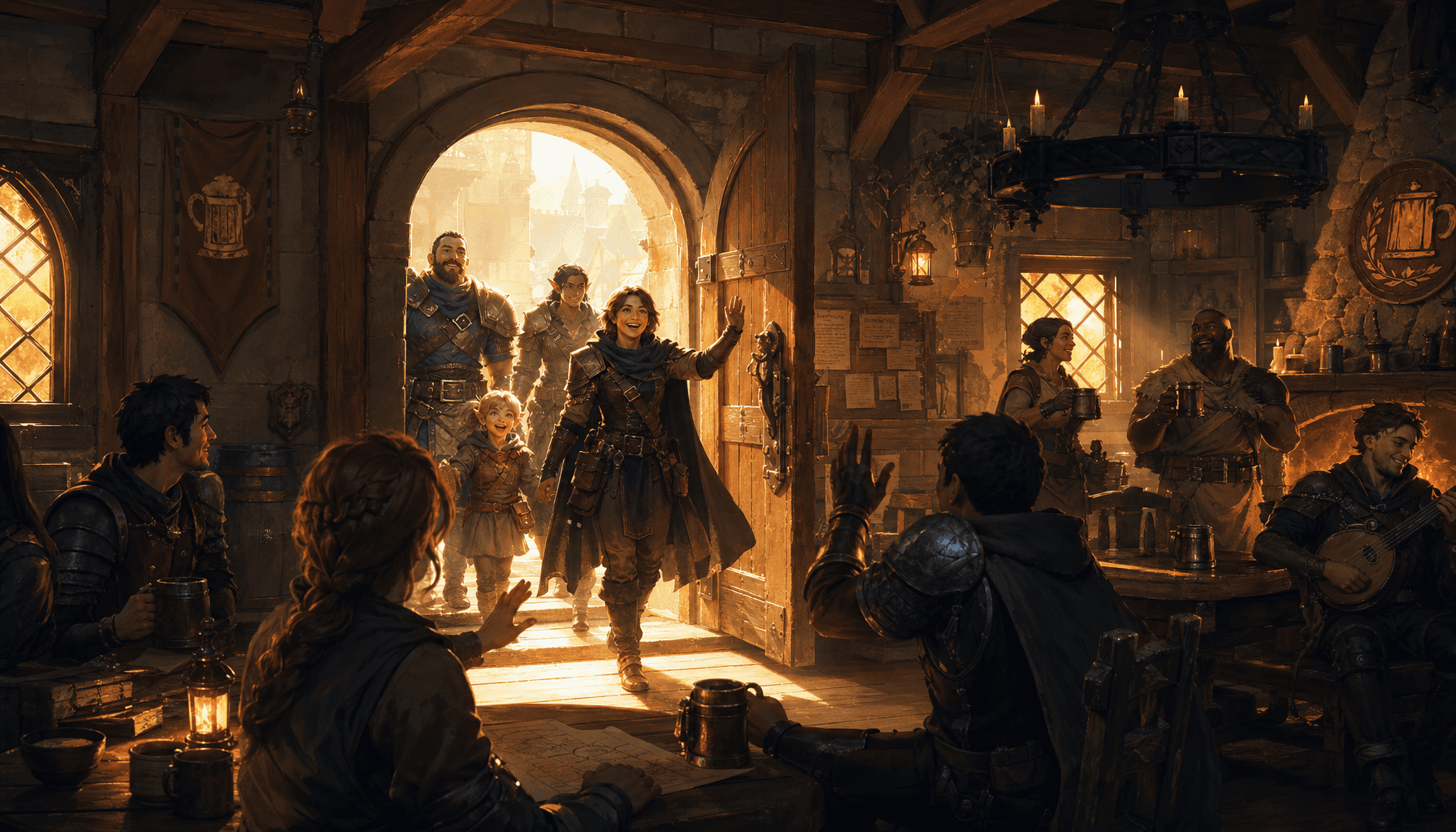 Open tavern entrance with adventurers walking in freely under golden sunlight