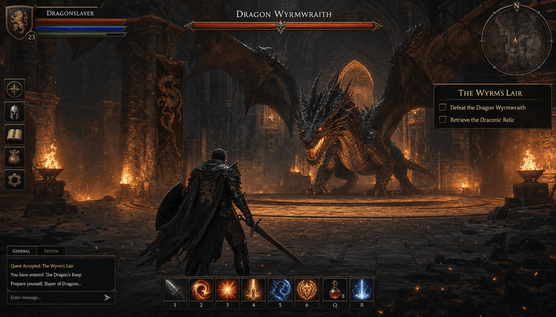 Castle quest room interior with warrior preparing for boss fight