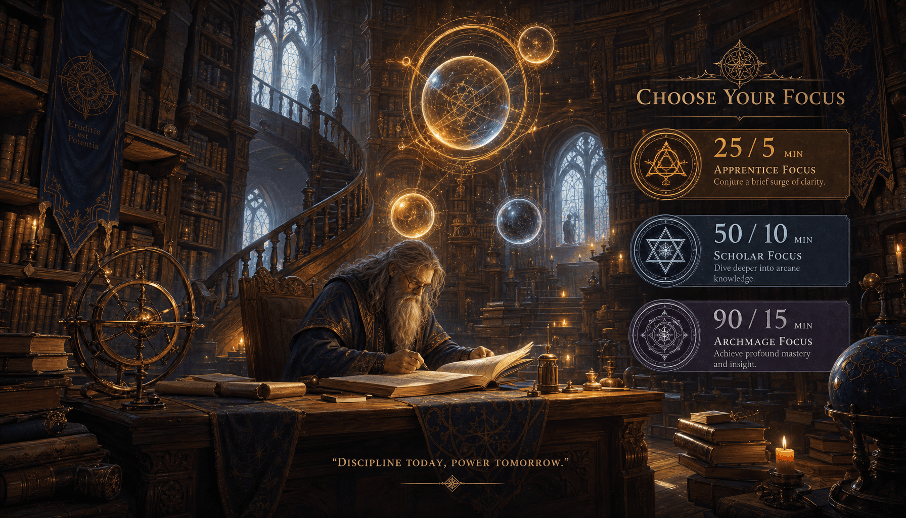 Wizard library tower with scholar at desk surrounded by magical orbs